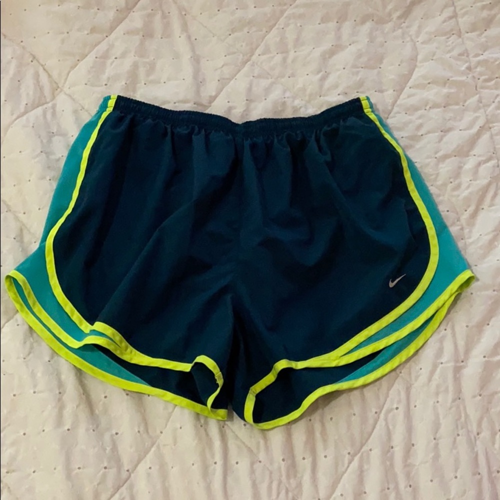 Teal and neon yellow DRI-FIT NIKE running shorts